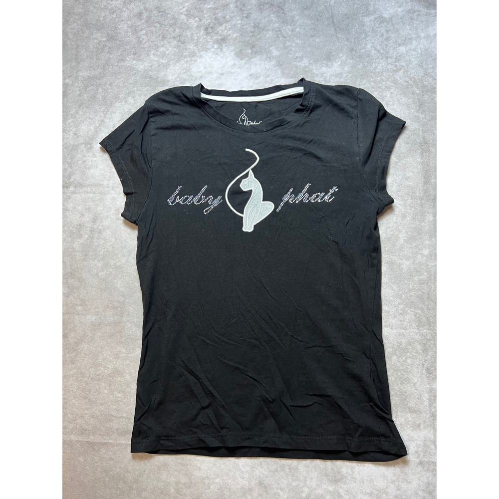 Baby Phat Women Black Rhinestone Cat Logo Graphic Tee Shirt L RN 166370